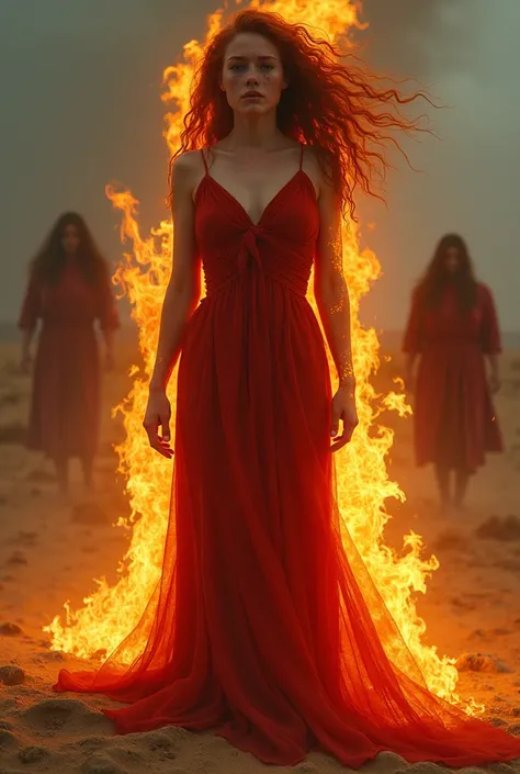 Draw an Irish woman  [with long curly red hair ], with grey eyes,  who wears a red dress that is being consumed by fire . [ That on each side of the woman there are two black silhouettes as if they were burly men, But that they look blurry .]  That she is ...