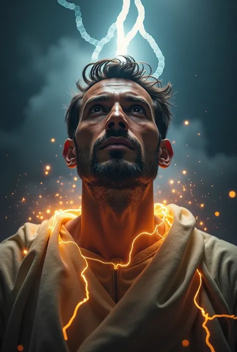 man staring directly at the camera with an expression of awareness and hope. It’s nighttime, with dramatic lightning bolts illuminating the sky, and radiant beams of divine power descending upon him. The man is enveloped in a glowing, detailed aura that ex...