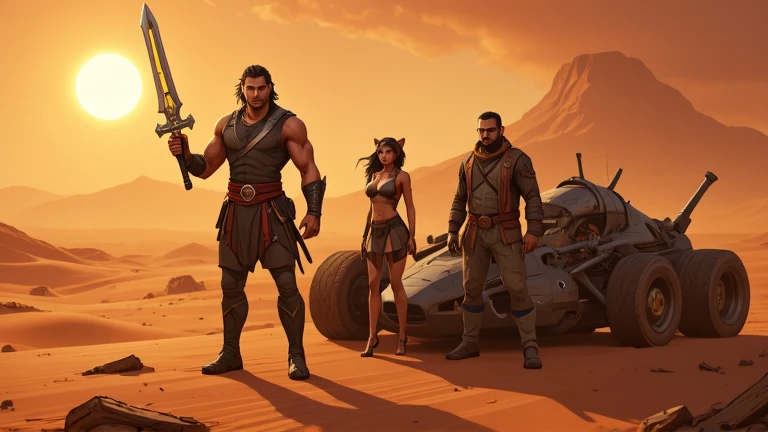 A vast alien landscape bathed in orange hues, with a sprawling desert and distant mountains. A group of heroes stands prominently: the leader, a muscular and charismatic warrior, holds a glowing sword with a radiant symbol at its center. Beside him, a swif...