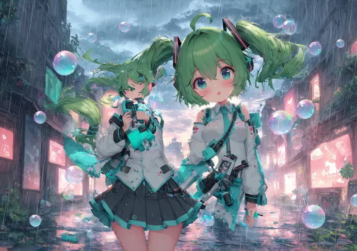 Green-haired anime girl blowing bubbles in the rain,  ahehe, [  4K Digital Art  ]!!, Miku, Made with RPG Maker, Nightcore,  ahehe face,  pixib 3dcg, digital art on  pixib,   Digital Animated Art  !!,  pixib, hatsune Miku, advanced   Digital Animated Art   ...