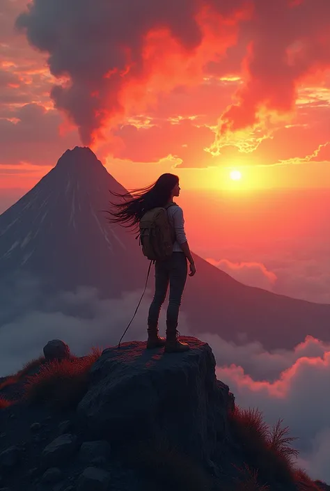 A female explorer with long black hair and at the top of a volcano watching the sunset