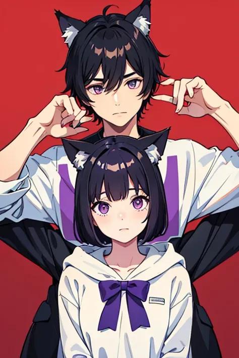 Create 2 characters . A boy does he have wolf ears black hair,  and a girl she has cat ears,  her hair is short purple. fucking