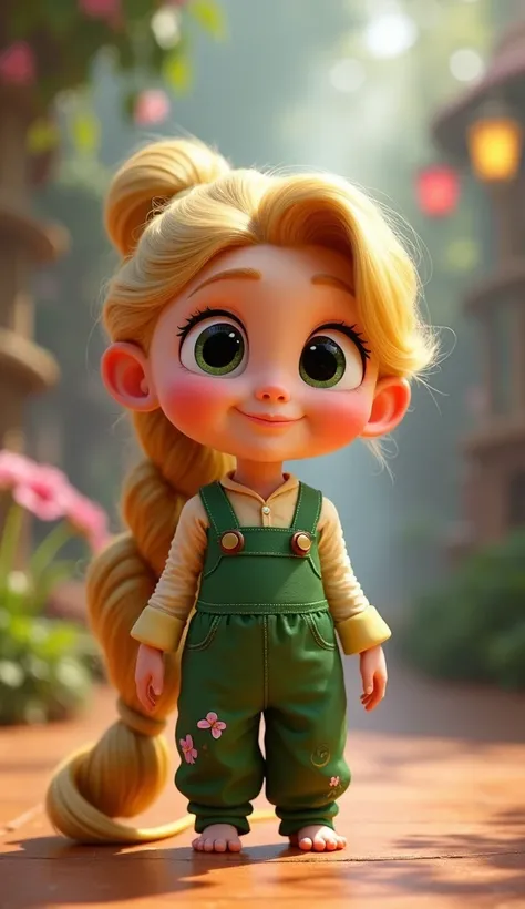  Disney Pixar style character Rapunzel baby with ponytail in her hair , Who has a green jumpsuit 