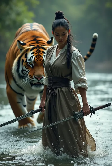 chinese women, hair tied,   big boobs , long shirt , dressed in a leather vest, Long skirt, steel safety attribute , wielding a long sword and an arrow ,  with a large and ferocious tiger. in the river, full body
4K High Resolution, 