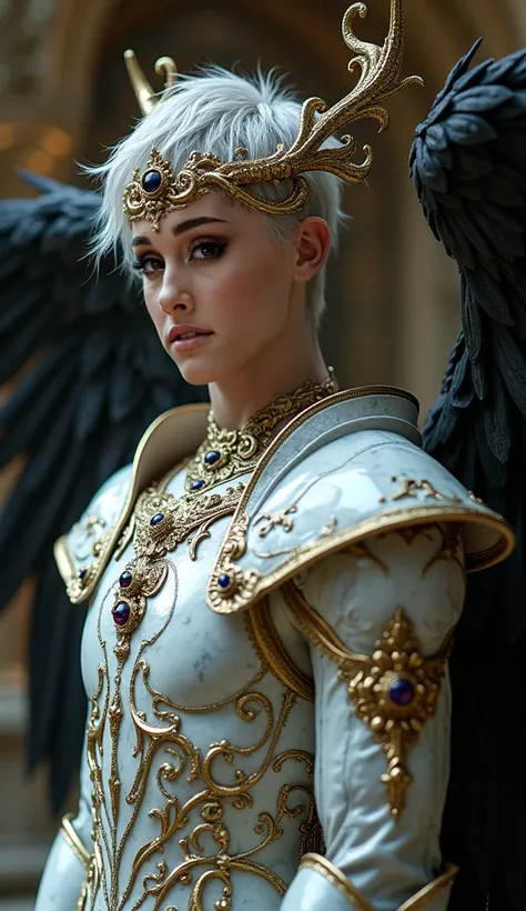 mira este promp ajustalo para que sea ariana grande A hyper-realistic, three-quarter body portrait of an ethereal, dark, and regal male character with a powerful, supernatural presence. His marble-like skin seamlessly fuses with white and gold armor, adorn...