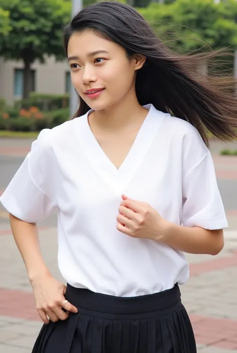 A realistic Japanese high school girl, carefully drawn down to the smallest detail, is dashing at full speed in a loose blouse and pleated skirt with an inseam length、
