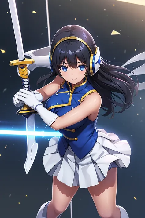  and smiles 、mecha wing、Thighs、tights、chest、Shiny black hair、  1 girl、 solo girl 、 headset 、idol dress、idol skirt、 light blue mini skirt、mecha girl、I have a white armor 、 has a sword、sword、 has a shield、shield
