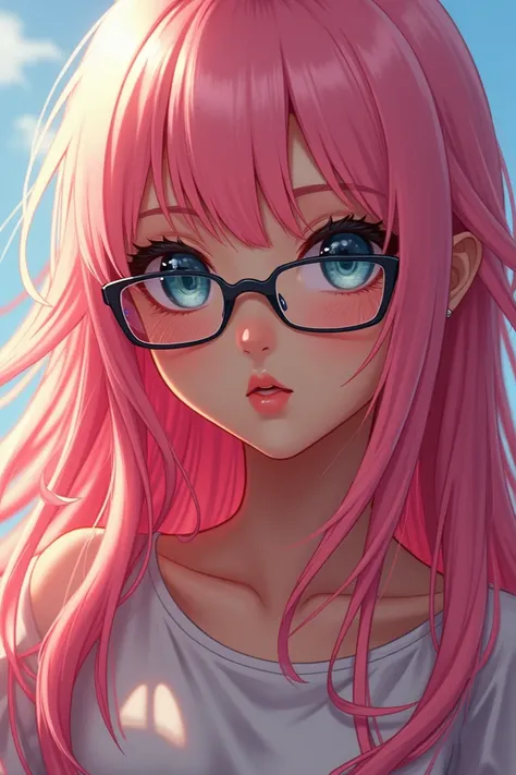 Make me an anime girl with brown skin with pink hair and glasses