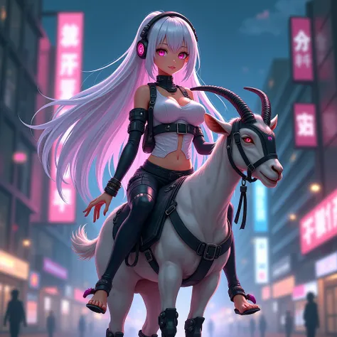 Beautiful anime woman, long beautiful white hair, detailed pink eyes,Large breasts, wearing futuristic headphones, pink nail polish on her hand and toe nails, detailed feets, wearing a futuristic cyber punk outfit, riding a small goat with saddle and bridl...