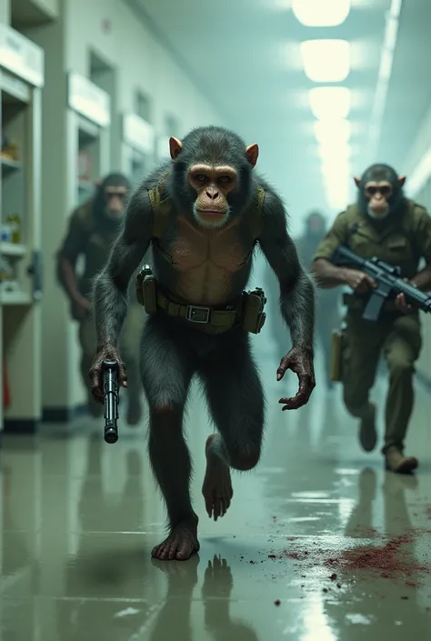 Mutant monkey leading a group of mutant monkeys  ( all including the leader have wounds and visible skin )  the leader has a one-handed gun and they fight soldiers inside a laboratory (The angle of the camera shows the leader of the monkeys from the back p...