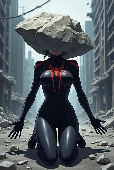 girl, anime,  Dressed as Spiderwoman in black , Black suit,  a big rock replaces her head  , kneeling, with outstretched hands, Arms outstretched,  The big rock completely replaces your head ,  your head is not visible because the Graden rock completely re...