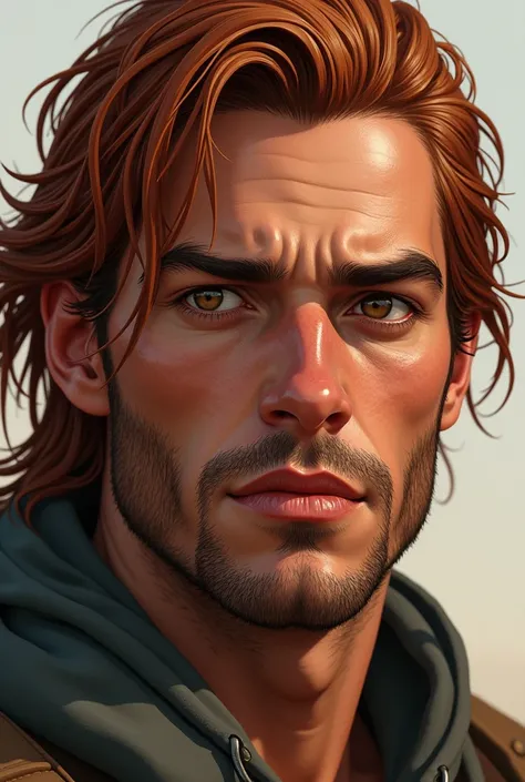 Create a hyperrealistic illustration of a young man, tanned skin, jaw and marked features, brown eyes, and  long hair, well combed back and red copper brown color