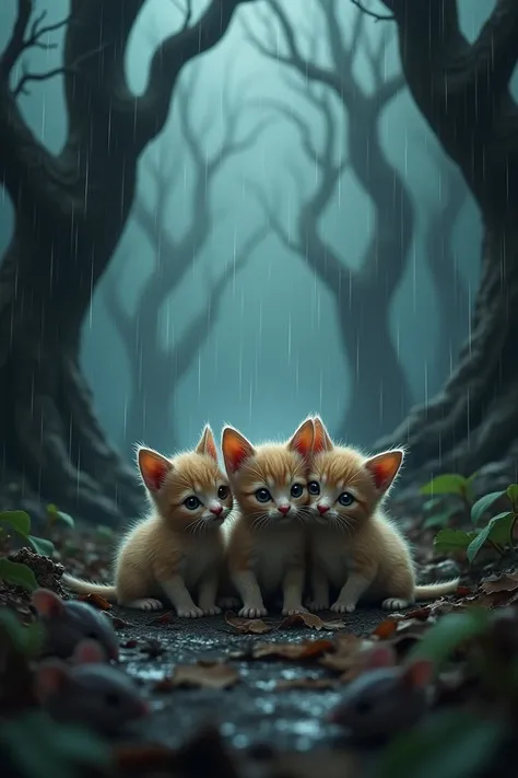 Cute kittens scared in the rain asking for shelter with mice and cockroaches all around in a dark and shady forest