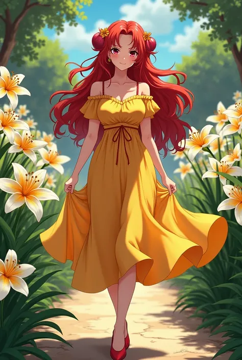 Beautiful voluptuous sexy anime woman smiling red eyes long red hair with two onion-like sticks on each side ,  bohemian dress in yellow red long A-line yellow blouse heart neck short sleeves red shoes walking through the garden of her house flowers white ...