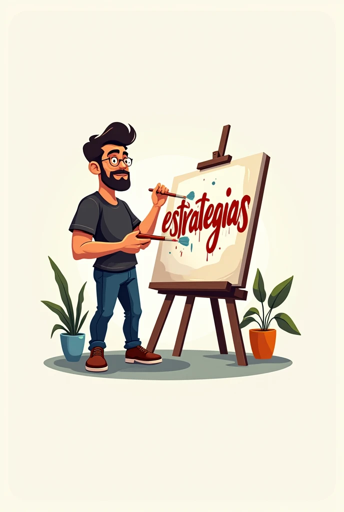 Make a logo of a man painting the word strategies in Spanish