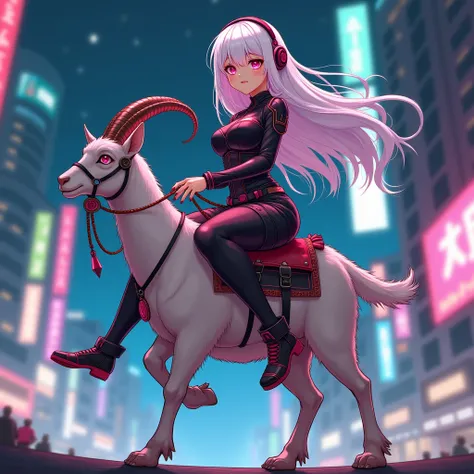 Beautiful anime woman, long beautiful white hair, detailed magenta eyes,Large breasts, wearing futuristic headphones, magenta nail polish on her hand and toe nails, detailed feets, wearing a futuristic cyber punk outfit, riding a small goat with saddle and...