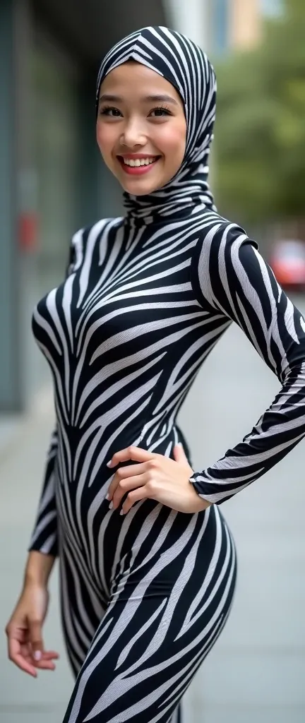 A 32 years old beautiful asian Muslimah adult girl with beautiful shiny cheeks wears zebra print lycra turtleneck unitard catsuit covered with stripes with zebra print lycra inner cap-like swimming hijab-like dancewear costume long hijab covered with strip...