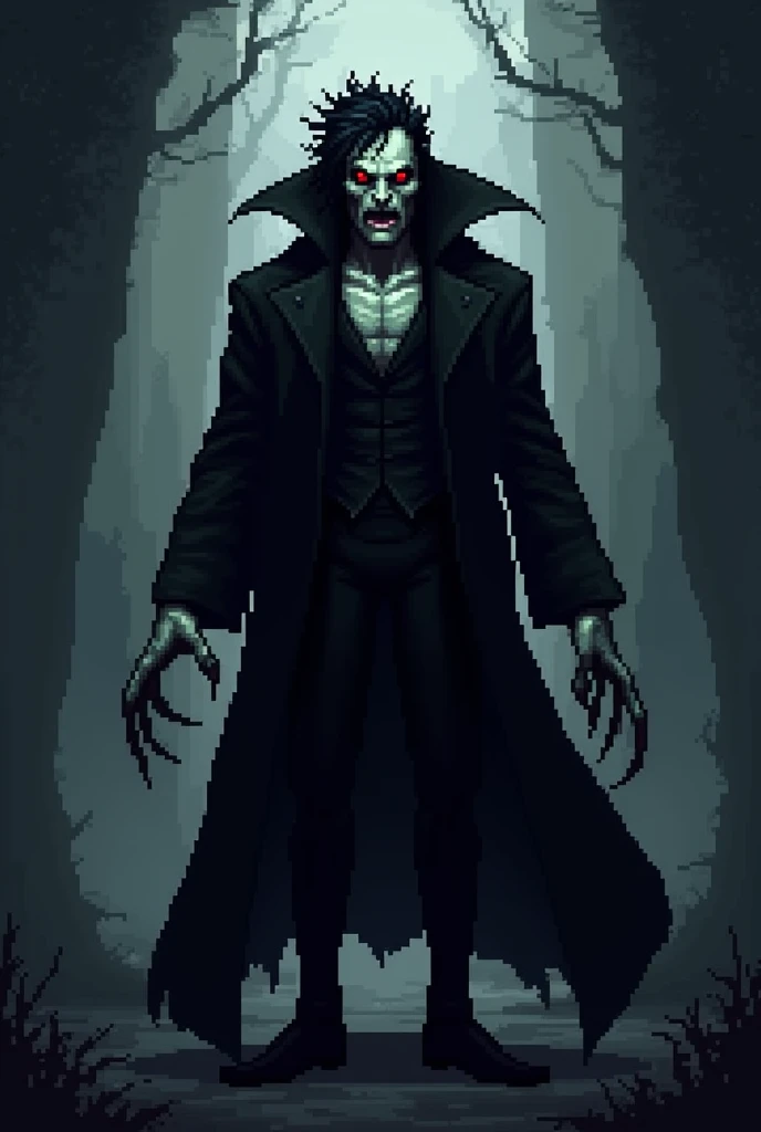 Humanoid vampire with black clothes and claws pixel art sprite