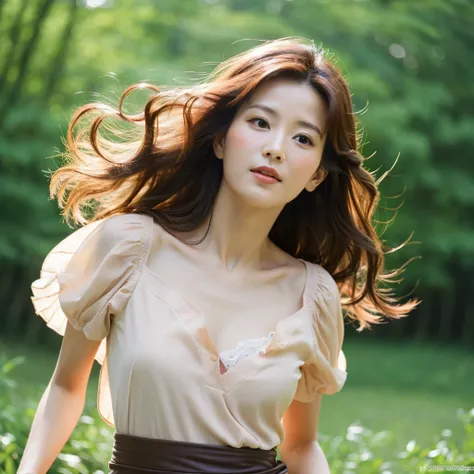 Beautiful mature woman with beautiful wavy long hair,  Sexy Mature Woman , Im opening my shirt and showing my chest,  Flip Skirts ,  ultra high resolution with forest background,(Realistic:1.4), (( best quality)), ((masterpiece)), (be familiar with),