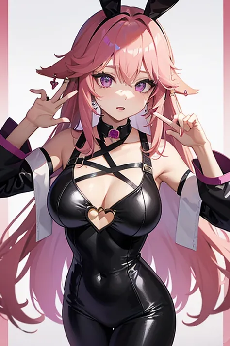 hot girl, kpop idol, yae miko,black tight bunny clothes, bunny ears, PINK hair, long hair, best quality,(hair ornament:1.35), jewelry, purple eyes, earrings, big but medium breasts,detailed face, nontraditional miko, shiny skin, thick lips, at a lake