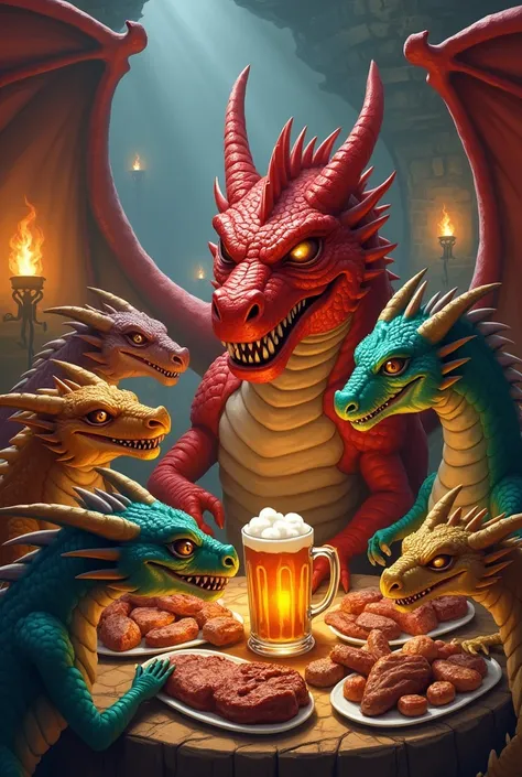 Image of a red-colored dragon drinking beer and feasting with other dragons