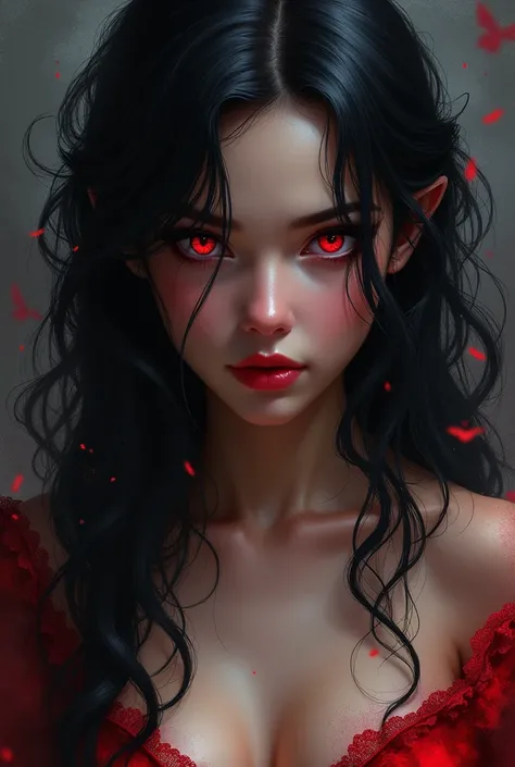 A black haired woman with red eyes, digital art