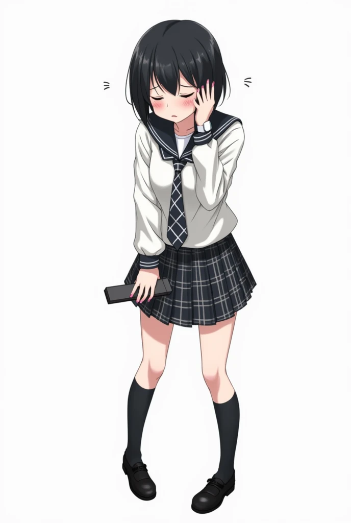 Teenage woman with black and short hair and with white anime watch and pink nails with schoolboy long-sleeved white shirt and plaid tie in dark gray and white and plaid pleated skirt in combination of dark gray and white colors, following a uniform pattern...