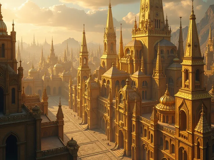 I want a medieval place filled with giant diamond buildings and other shiny gold buildings covering every part of the city 