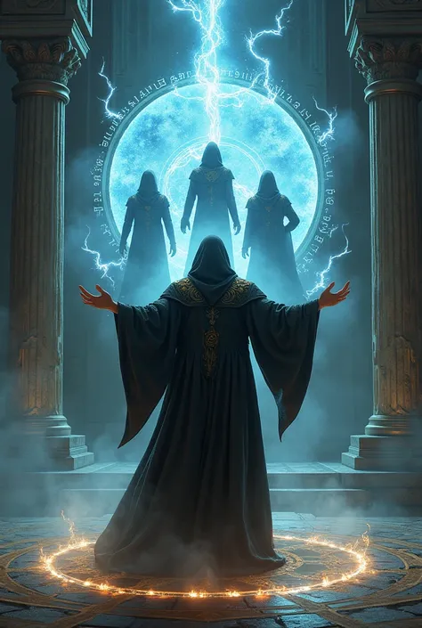 Male wizard summoning 3 other male wizards through a portal