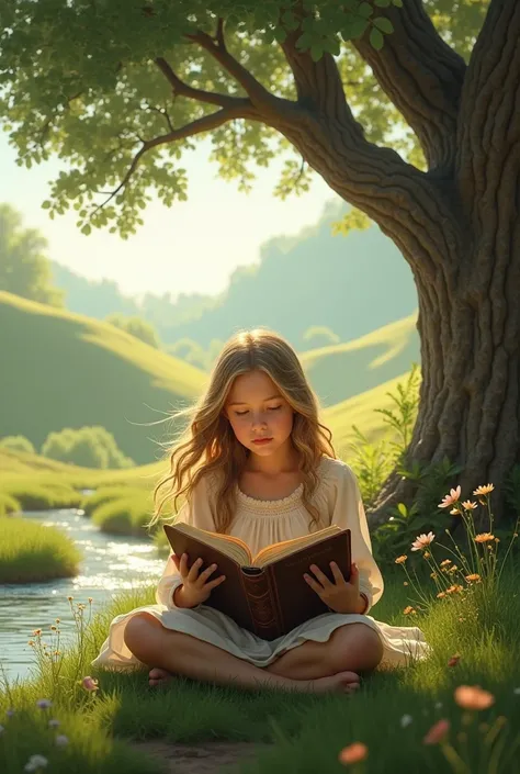 Girl reading bible with beautiful nature 