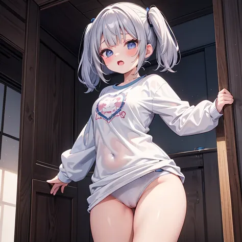 masterpiece, Super detailed, cute, junior high school girl, nsfw, 
long sleeve t-shirt, 
curvy figure, 
(open mouth:0.6), in heat, standing, vulgarity,  
short twintail hair,  
pussy line, 