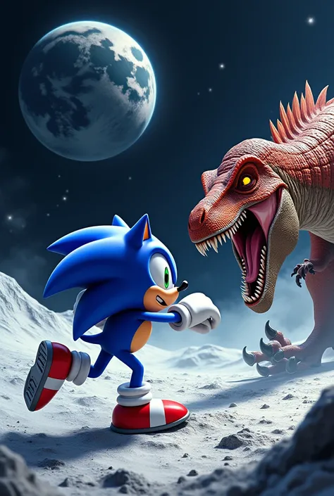 Sonic fighting against dinosaur on the Moon 