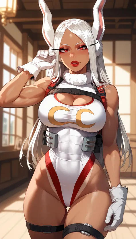  perfect eyes、 Perfectly Sexy Face Swimsuit、 ultra detailed、ultra perfect eyes、red eyes、Rumi Usagiyama、calm、 Boku no Hero Academia 、shiny hair、( Big breasts ), showing cleavage、Tight Waist、 thin waist 、May、white color gloves、 Thigh straps 、 glowing skin、 t...