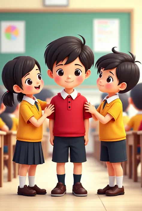 primary student in group with girl and boy on class picture in malaysia in red and yellow cartoon