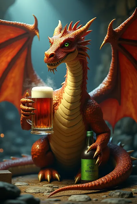 Create an image of a dragon drinking beer in one hand ,  and in the other hand holding a green bleach bottle and the red label