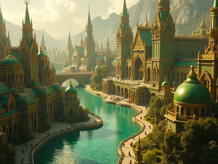 I want a medieval place filled with giant emerald and other shining gold buildings covering every part of the city 