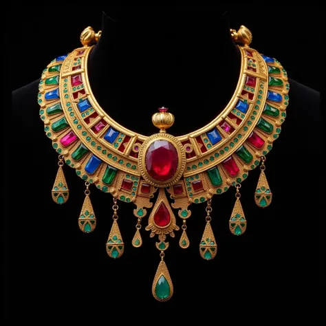 An intricately designed ancient Egyptian-style necklace featuring a crescent-shaped golden collar adorned with vibrant gemstones. The necklace showcases a rich array of red, blue, and green gemstones set in elaborate geometric patterns. At the center is a ...