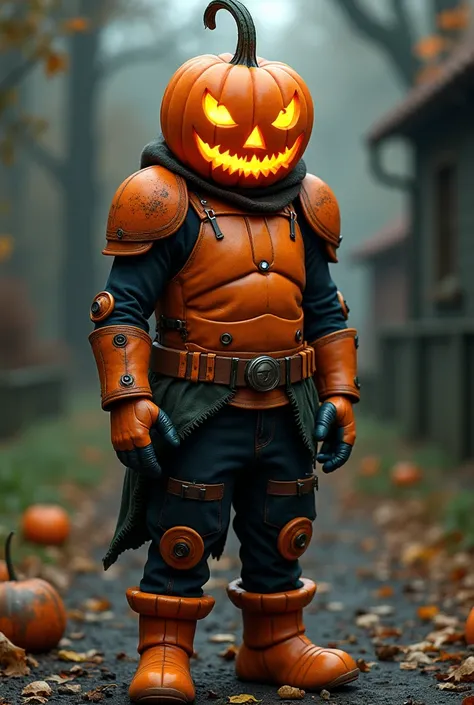 A man who has a Halloween pumpkin instead of a head ,  instead of a skin has an orange pumpkin rind that looks like a breastplate so the pumpkin head shines full height and has on his feet something like the stem of a pumpkin for a kind of shoe 