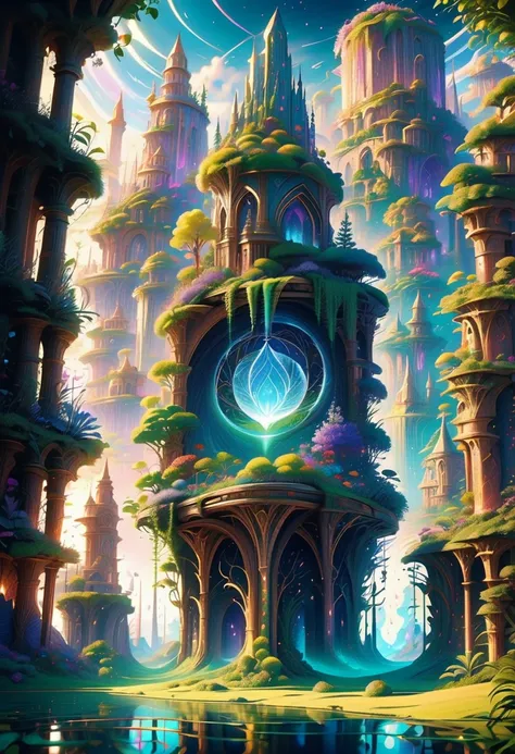 a fantasy world with, magical portal, everything magical, magical atmosphere, photorealistic, highly detailed, best quality, 4k, intricate magical portal, glowing runes, ethereal landscape, floating islands, magical floating city, towering magical spires, ...