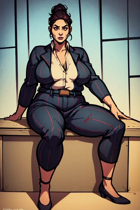 Digital art, angled view, sexy sitting pose, full curvy figure, mature woman, adult female, whole body, form-fitting, Jane Romero (Dead by Daylight game) inspired costume, pinstriped blazer, blouse, belt, pinstriped baggy pants that ends above the ankle, b...