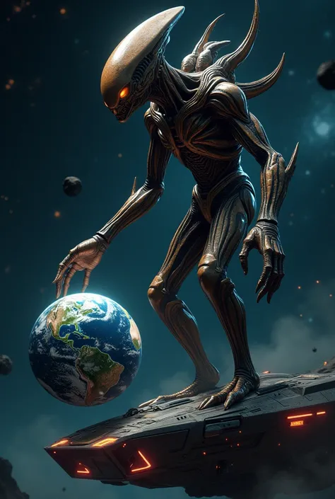 Alien on top of space ship holding planet Earth in hand 