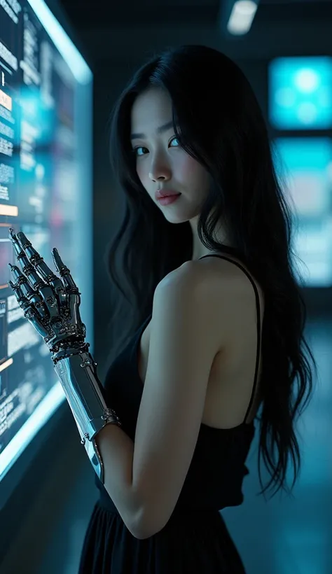  Young latina woman   , 25 , years ,Black hair ,long hair ,beautiful ,  short dress  , robotic hand   , y otra mujer a su  lado una mujer joven coreana de traje de 25 años ,at night next to him multiple lights and hyperrealistic technological screens , hip...