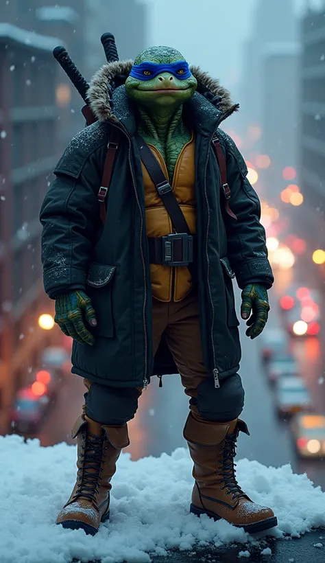 "Create a hyper-realistic, cinematic artwork of Leonardo from the Teenage Mutant Ninja Turtles reimagined with a gritty, realistic appearance, dressed in a Winter 2024 Timberland collection featuring a wide, oversized parka jacket. Leonardo’s reptilian fea...