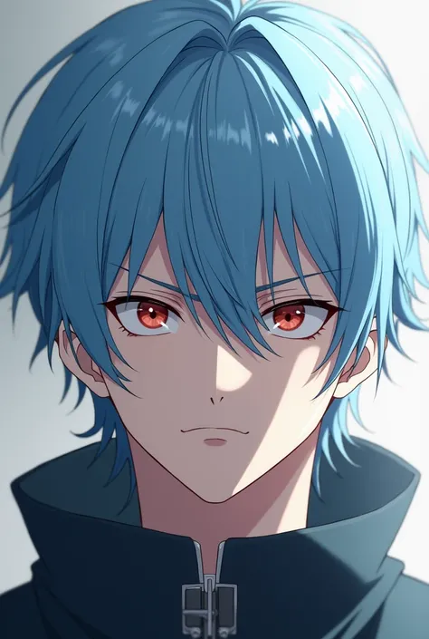 Create a 20 year old man, light blue hair,  serious expression ,  anime style 