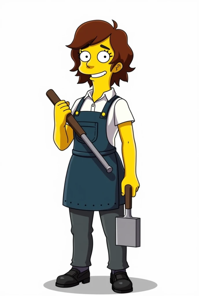 image with traces of the fortnite game, a cartoon of s woman, arnie pye female version, short hair, wavy hair, deep chestnut hair, bangs, white button down shirt, dark blue apron, dark gray pants, black shoes, freckles, eyelashes, holds chisel, smiling, wh...