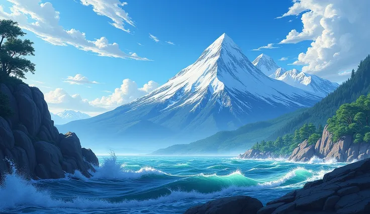 Create an anime image with mountains and a rough sea in the afternoon