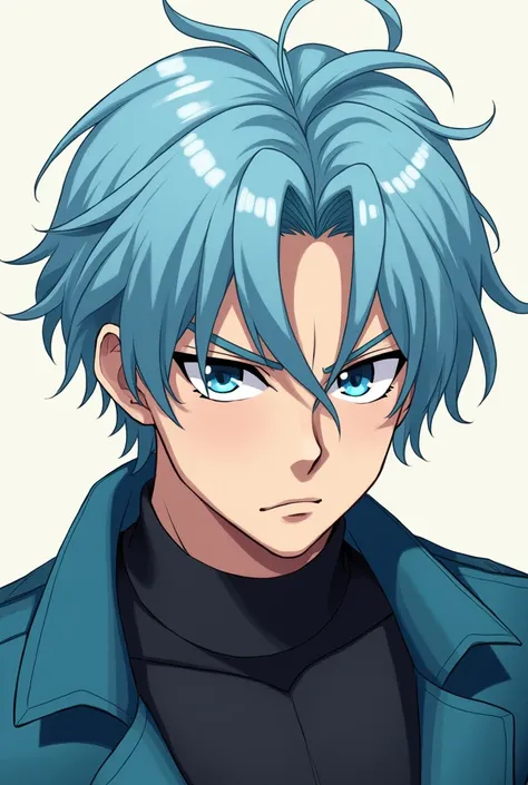 Create a 25 year old man, light blue hair,  serious expression ,  anime style 