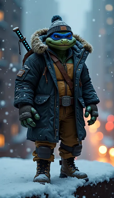 Create a hyper-realistic, cinematic artwork of Leonardo from the Teenage Mutant Ninja Turtles reimagined with a gritty, lifelike appearance, dressed in a Winter 2024 Timberland collection. His features are intricately detailed, with textured, scarred green...