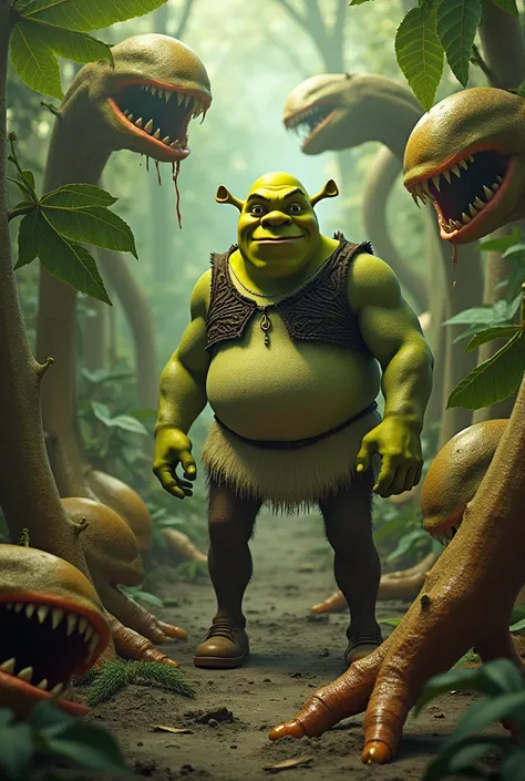 Create Shrek in an apocalypse of papayas and carnivorous plants but they catch Shrek and Shrek dies I said he died