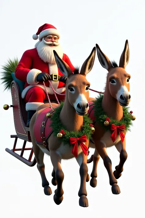 Santa Claus, ridden in his sleigh ,  pulled by two donkeys also decorated with Christmas clothing, digital image,  bright colors,  Transparent background . 